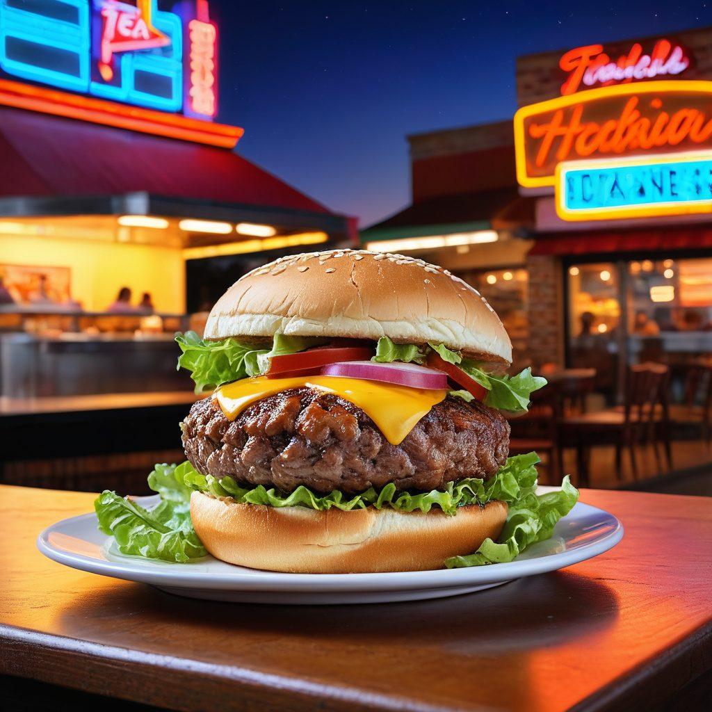 A vibrant, juicy burger with sizzling cheese, crisp lettuce, and a glossy bun in the foreground, surrounded by a festive diner scene in Texas with neon signs and happy patrons. Include special deal tags and a background of a rustic Texas landscape. super-realistic. vibrant colors. bustling atmosphere.