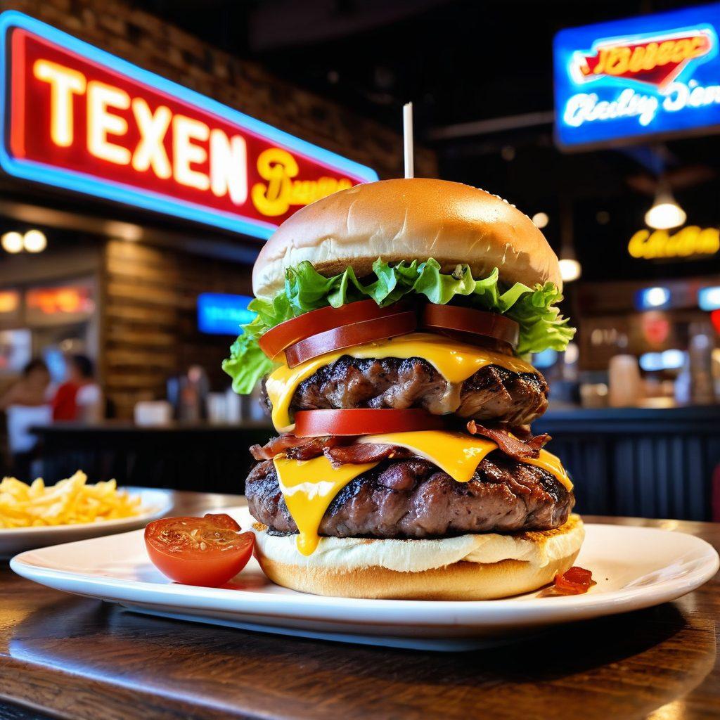 A mouth-watering Texas burger, dripping with melted cheese, crispy bacon, and fresh vegetables, served on a rustic wooden table. Background featuring a bustling local Texan diner with neon signs about daily specials. Include a smartphone on the table showing an online order in progress. super-realistic. vibrant colors.